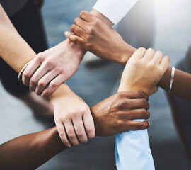 Poster - Business, people and holding hands in meeting, collaboration and above of merger of company and unity. Group, support, agreement and coalition for politics in Germany, government and partnership