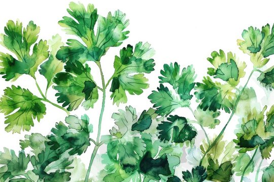 Fresh Green Coriander Leaf. Watercolor Illustration of Organic Herb with Aromatic Spice Background