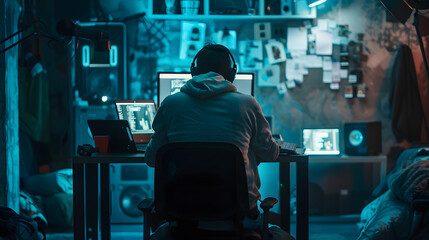 Wall Mural - man sitting ath the desk in front of laptop, hacker style room, dark mood