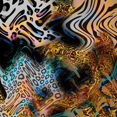 Wall Mural - combination textile collage pattern of wave and lines colored leopard snake tiger textures