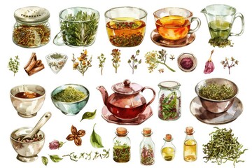 Canvas Print - Hand Drawn Tea Assortment Set. Watercolor Illustration of Various Tea Leaves and Brews