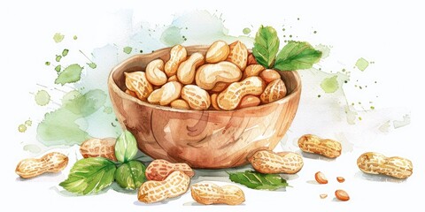 Wall Mural - Hand-drawn Watercolor Illustration of a Bowl of Organic Peanuts