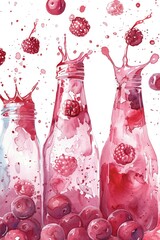 Poster - Hand-Drawn Watercolor Illustration of Homemade Rosehip Yogurt in Bottles