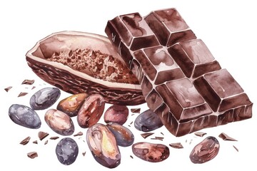 Organic Cocoa and Chocolate: A Watercolor Illustration of Cocoa Beans and Chocolate Pieces, Isolated on White Background