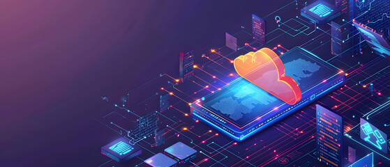 Poster - futuristic cloud computing concept with neon lights and digital connections