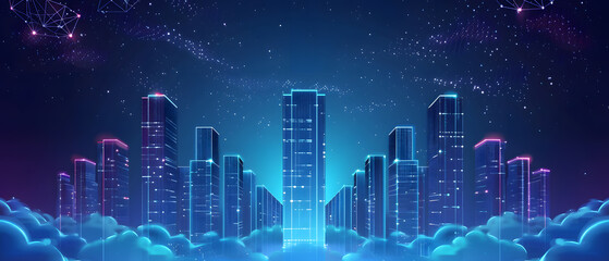 Poster - Futuristic cityscape with glowing neon skyscrapers under a starry sky