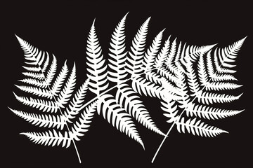 Wall Mural - White fern leaves on a black background, a illustration. The illustration features a minimalistic white fern leaf pattern 