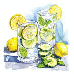 Poster - Refreshing Mint Water with Sliced Lemons and Cucumber. Hand-drawn Watercolor Illustration of a Healthy Summer Beverage