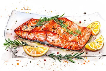 Succulent Grilled Salmon Fillet with Lemon, Rosemary, and Exotic Spices. Culinary Delight on a Plate