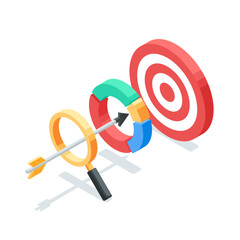 Wall Mural - isometric vector arrow flying through a magnifying glass and a pie chart straight to the target, in color on a white background, achieving a goal or business success or precise analytical work