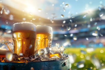 Poster - Tailgate Party Banner with Ice-Cold Beers in a Stadium Setting for Promotional Design