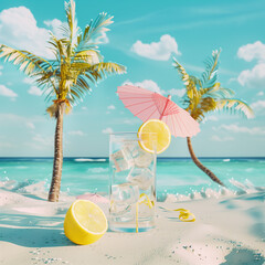 Minimal summer pastel concept, soft colors of tropical background., refreshing cocktail on the beach.. Exotic summer beach concept. Generative AI.