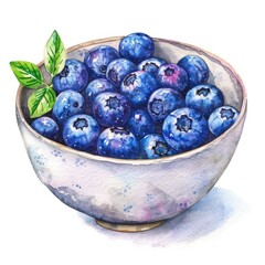 Wall Mural - Watercolor Blueberries in Bowl. Fresh and Juicy Hand Drawn Berries on White Background