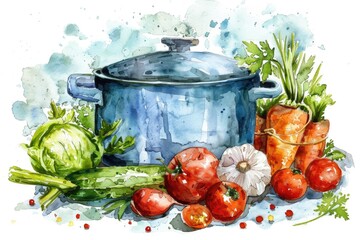 Wall Mural - Watercolor Illustration of Cooking Pot with Fresh Vegetables. Kitchen Utensil for Healthy Meal Preparation