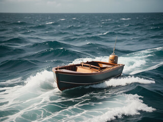Wall Mural - small fishing boat in the surf of the ocean waves or sea Copy space