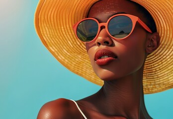 Wall Mural - a woman wearing a large yellow hat and sunglasses with a blue background