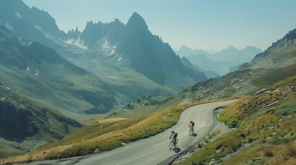 Two cyclists riding bikes down mountain road