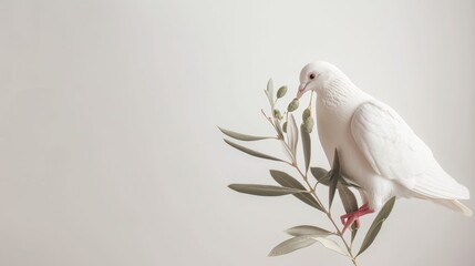 Tranquil white dove holding an olive branch, creating a serene scene against a white backdrop, ideal for text insertion