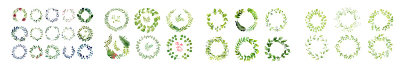 Poster - Frames with circular leaves, flower ornament circles, and flowers circled border isolated on white