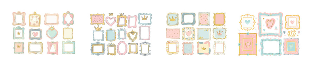 Aufkleber - Frames with hand drawn princesses in vintage color. Pink mirror borders and doodle frames. Isolated modern icons.