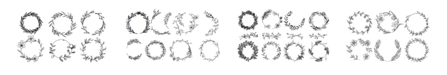 Hand drawn round floral frames. Sketch flower, leaf, and branch decoration wreaths. Circle floral frames with laurel wreath borders or Victorian branch vignettes. Isolated modern symbols in set.