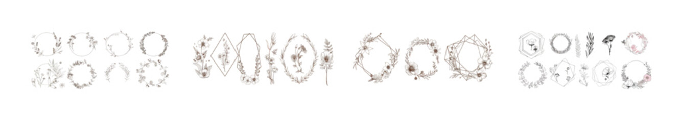 Poster - The set of modern icons contains two linear geometric frames with flower and leaf decorations. Isolated modern icons with flowers on borders, leaf doodle logotypes, and flowers on borders.