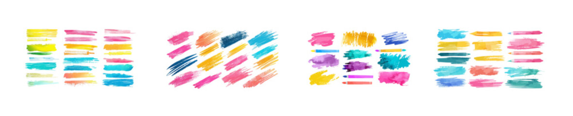 Poster - Colorful line highlights on markers. Markers stripes and yellow highlights on markers. Colorful marker sketch, ink brush sketch doodle. Isolated set of modern signs.