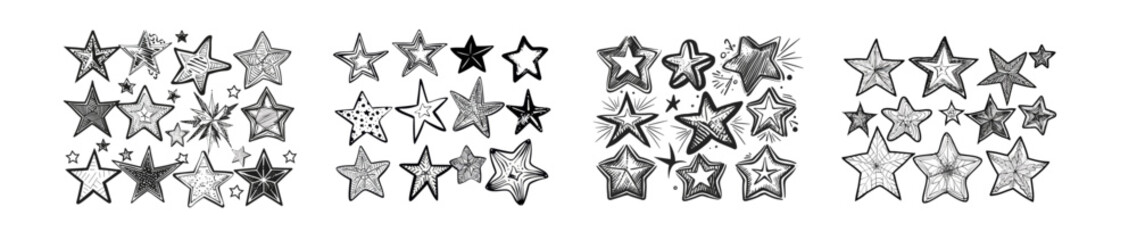 Poster - Isolated modern icons set of sketch stars. Doodle star shape, cute hand drawn starburst and rating stars. Shiny ink stars sketch, drawing starry doodle reward sticker.