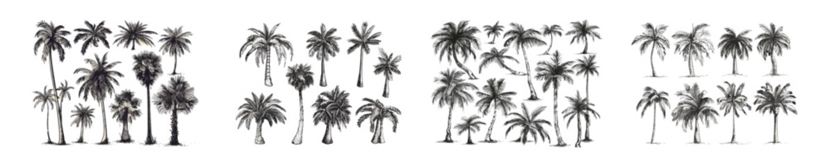 a black and white illustration of a palm tree, ferns and fronds in a tropical setting. hand drawn tr