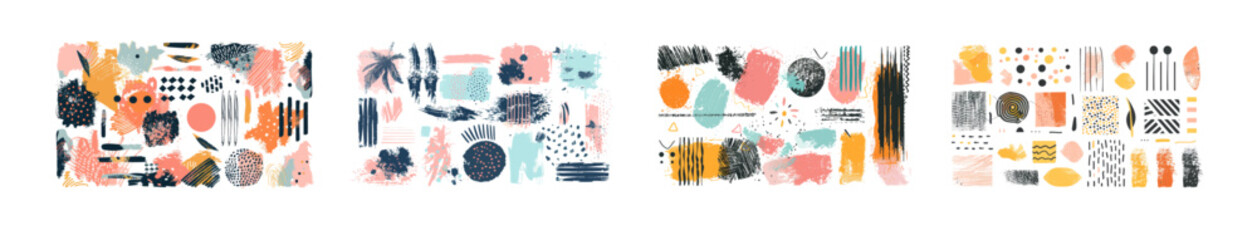 Poster - A modern set of abstract elements with brush strokes, ink stains, and grunge textures in Memphis vintage style. Pastel colors with hand-drawn modern shapes, textile print with a modern style.