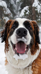 Wall Mural - a funny dog is smiling and has snow on its face, nose