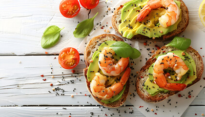 Wall Mural - Toast with avocado and shrimps on multigrain bread. Healthy shrimp avocado appetizer