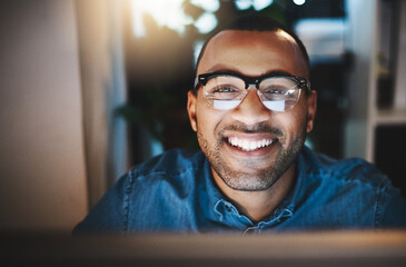 Poster - Black man, home and portrait on computer for remote work as IT specialist or consultant and freelancer. Employee, small business and happy or proud with website design and development with confidence