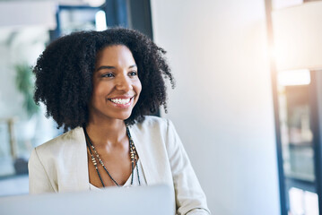 Poster - Business, thinking and black woman with laptop, solution and online reading for spell check, editing or freelancer. African person, startup or copywriting with pc, inspiration or research for article