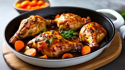 Canvas Print -  Deliciously seasoned chicken drumsticks with carrots ready to be savored