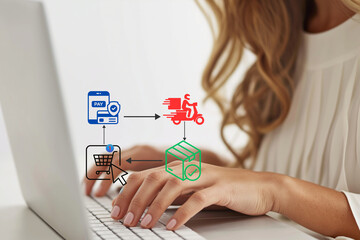 Poster - A woman is typing on a laptop with a shopping cart icon on the screen. Concept Cycle of online shopping. Generative ai illustration.