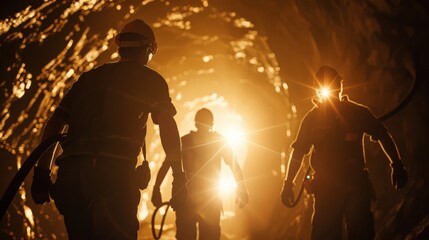 The photo shows three miners walking in a dark mine. They are wearing hard hats and carrying pickaxes. The light from their headlamps is illuminating the way.