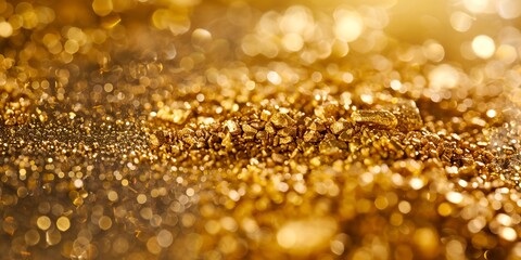 Poster - A gold colored surface with a lot of small gold pieces. The gold is scattered all over the surface and it looks like it's shining