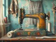 © krittapol - Lovely Vintage Sewing Machine with Weathered Metal and Spools of Thread in a Still Life Setting