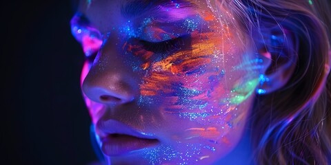 Wall Mural - A woman with neon colored face paint. The colors are bright and vibrant, giving the impression of a fun and energetic atmosphere