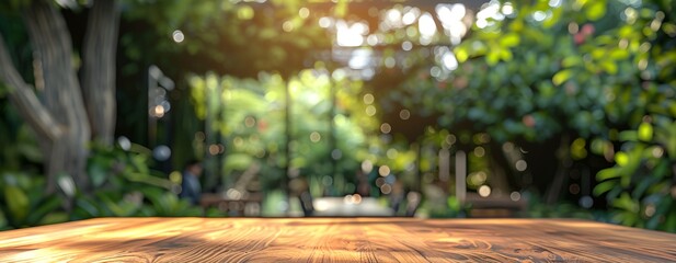 Wall Mural - A wooden table with a view of a lush green forest. The table is empty, but the surrounding area is full of life