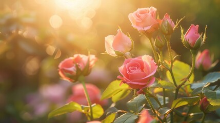 Canvas Print - Fresh pink rose buds in sunlight for wallpaper