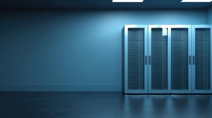 Poster - Modern data center server racks in a blue-lit room interior.
