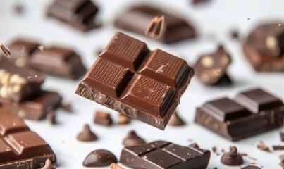 Wall Mural - Different types of chocolate pieces and bars floating in mid-air with a white background