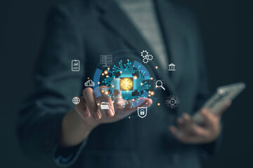 Poster - Businessman touching a virtual reality screen. Electronic circuit board display chip. World of future technology innovation. Technological progress. Ai. Future innovation.