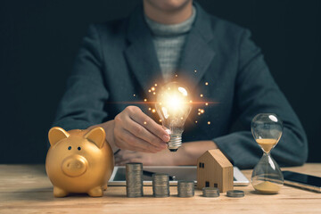 Poster - Ideas for saving energy. How to reduce electricity bills and increase savings. Saving money by saving electricity. Ideas for saving money and investing.