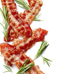 Wall Mural - Slices of tasty fried bacon with rosemary on white background, flat lay. Space for text