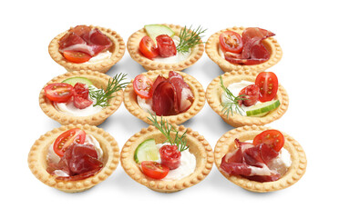 Wall Mural - Delicious canapes with jamon, dry smoked sausages and vegetables isolated on white