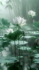 Wall Mural - The main body of the image is a lotus pond with a few lotus leaves, made of glass, the texture of the leaves is clearly displayed, and the background is Gaussian blurred , Frosted, Light Green, Transl