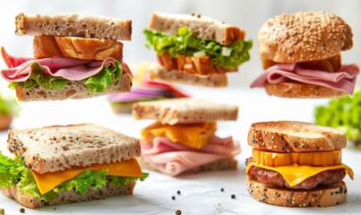 Wall Mural - A selection of sandwiches with different fillings like ham, cheese, and lettuce flying in mid-air with a white background